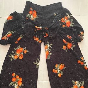 Polka dot fruit print flare pant and tie up crop Top set size By forever 21